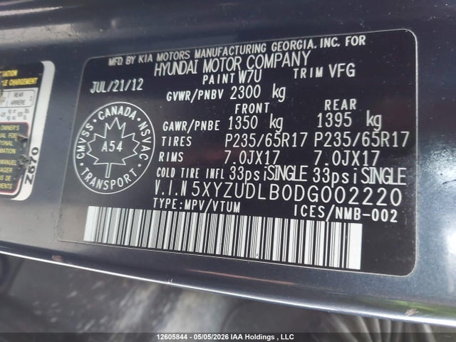 2013 Hyundai Santa Fe მანქანა იყიდება აუქციონზე, vin: 5XYZUDLB0DG002220, აუქციონის ნომერი: 12605844