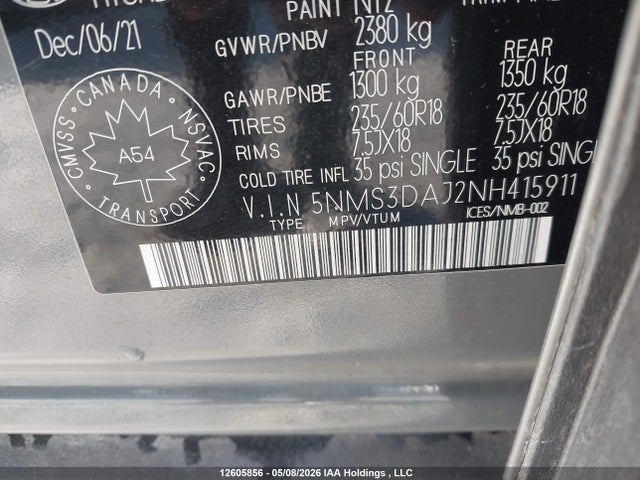 12605856 :رقم المزاد ، 5NMS3DAJ2NH415911 vin ، 2022 Hyundai Santa Fe Preferred Awd With Trend Package مزاد بيع