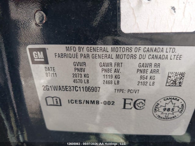 2012 Chevrolet Impala Ls მანქანა იყიდება აუქციონზე, vin: 2G1WA5E37C1106907, აუქციონის ნომერი: 12605863