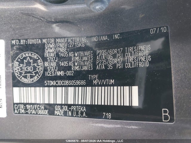 12605870 :رقم المزاد ، 5TDKK3DC0BS059686 vin ، 2011 Toyota Sienna مزاد بيع
