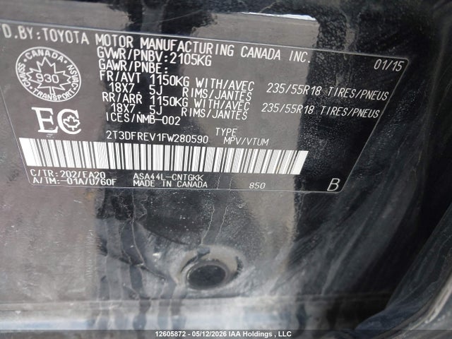 2T3DFREV1FW280590 Toyota Rav4 Limited