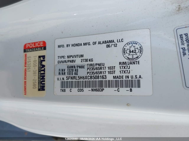 Продажа на аукционе авто 2012 Honda Odyssey, vin: 5FNRL5H6XCB508163, номер лота: 12605880