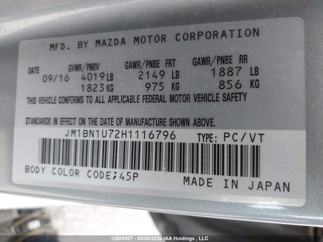 JM1BN1U72H1116796 Mazda MAZDA3