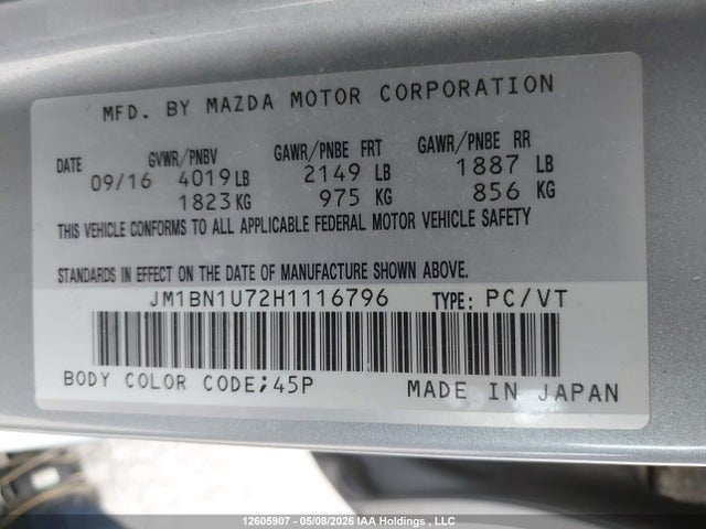 JM1BN1U72H1116796 Mazda MAZDA3