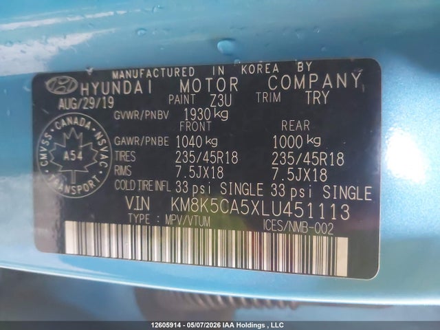 12605914 :رقم المزاد ، KM8K5CA5XLU451113 vin ، 2020 Hyundai Kona Ultimate مزاد بيع