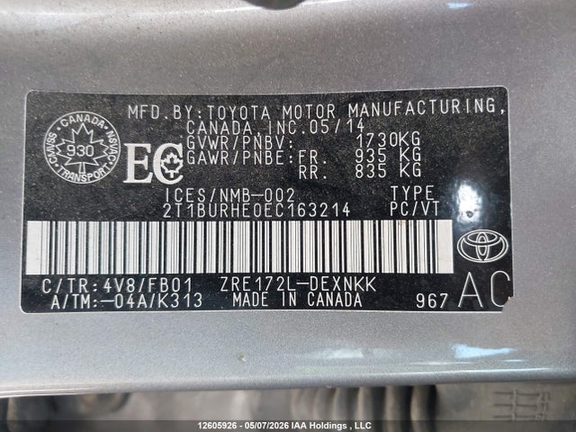12605926 :رقم المزاد ، 2T1BURHE0EC163214 vin ، 2014 Toyota Corolla مزاد بيع