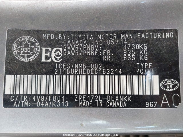 12605926 :رقم المزاد ، 2T1BURHE0EC163214 vin ، 2014 Toyota Corolla مزاد بيع