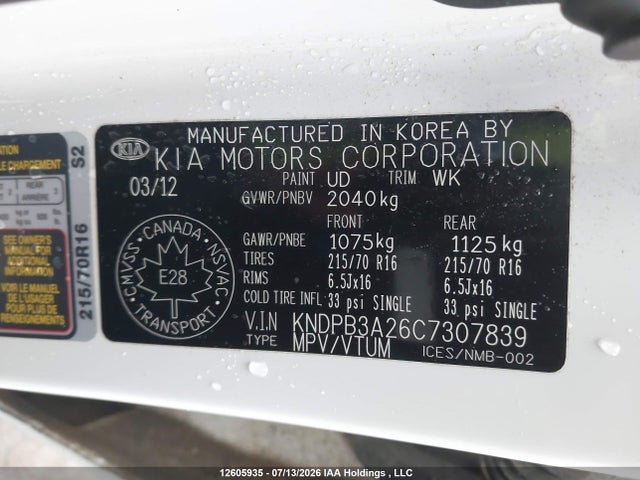 12605935 :رقم المزاد ، KNDPB3A26C7307839 vin ، 2012 Kia Sportage Lx مزاد بيع