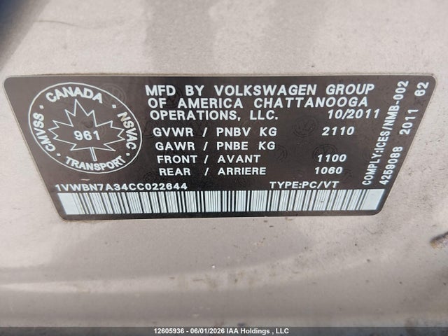 Продаж на аукціоні авто 2012 Volkswagen Passat Se, vin: 1VWBN7A34CC022644, номер лоту: 12605936