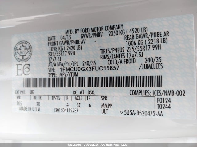 Продажа на аукционе авто 2015 Ford Escape, vin: 1FMCU0GX3FUC15857, номер лота: 12605940