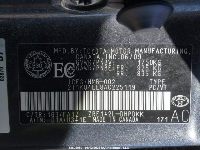 12605950 :رقم المزاد ، 2T1KU4EE8AC225119 vin ، 2010 Toyota Corolla Matrix مزاد بيع