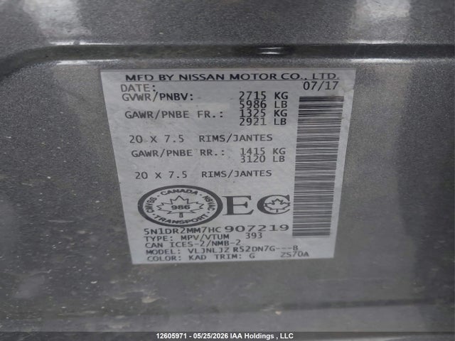 5N1DR2MM7HC907219 Nissan Pathfinder S/sv/sl/platinum