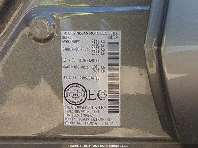 Продажа на аукционе авто 2020 Nissan Rogue S/sl/sv, vin: 5N1AT2MV5LC715965, номер лота: 12605976