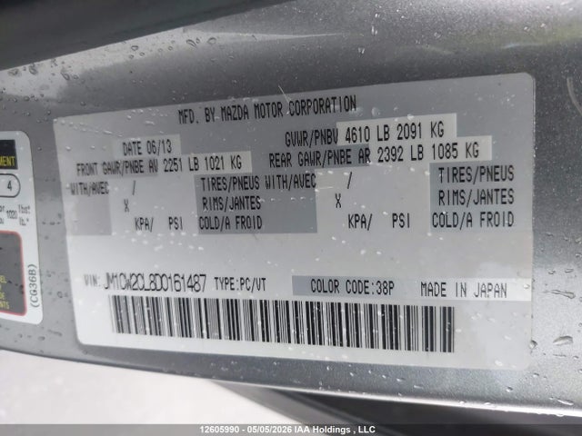 2013 Mazda Mazda5 Gs მანქანა იყიდება აუქციონზე, vin: JM1CW2CL8D0161487, აუქციონის ნომერი: 12605990