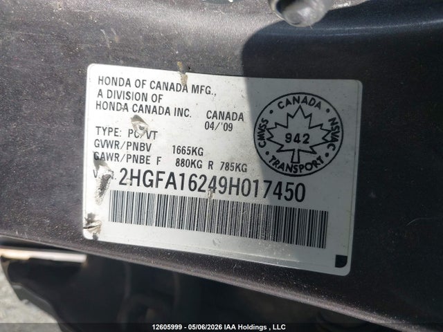 12605999 :رقم المزاد ، 2HGFA16249H017450 vin ، 2009 Honda Civic Dx مزاد بيع