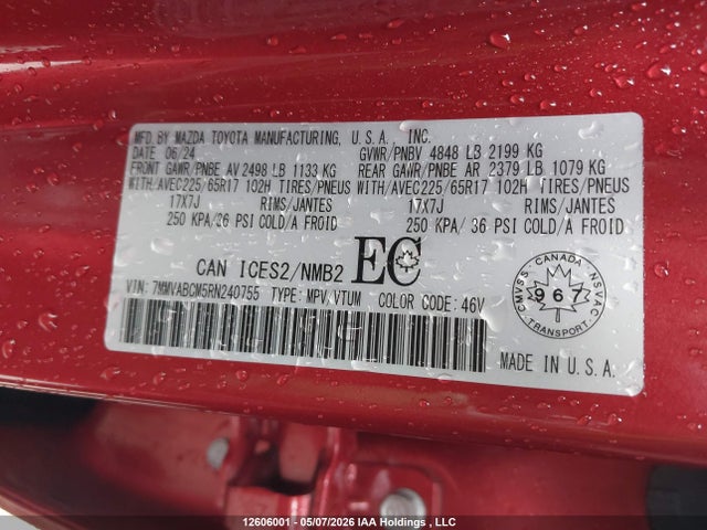 2024 Mazda Cx-50 მანქანა იყიდება აუქციონზე, vin: 7MMVABCM5RN240755, აუქციონის ნომერი: 12606001