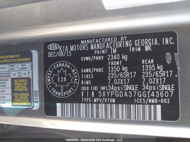 5XYPGDA37GG143607 KIA Sorento Lx/l