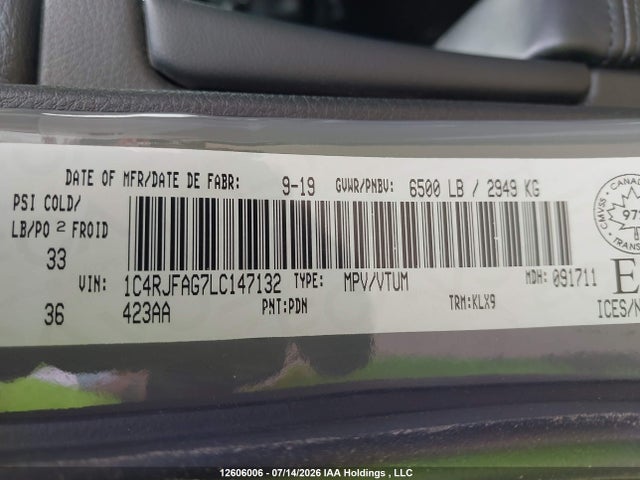 12606006 :رقم المزاد ، 1C4RJFAG7LC147132 vin ، 2020 Jeep Grand Cherokee Altitude مزاد بيع