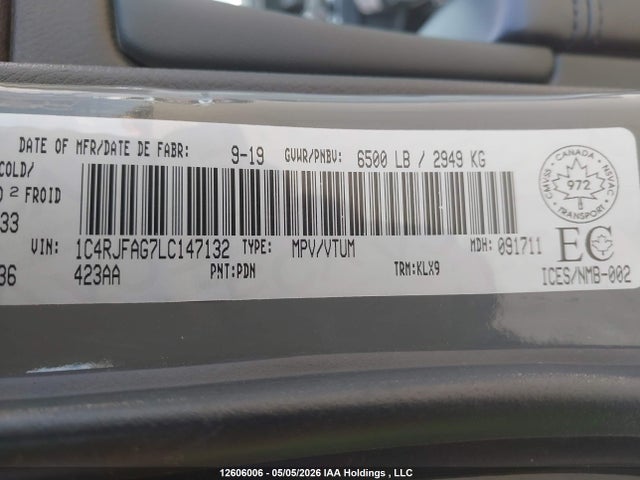 12606006 :رقم المزاد ، 1C4RJFAG7LC147132 vin ، 2020 Jeep Grand Cherokee Altitude مزاد بيع