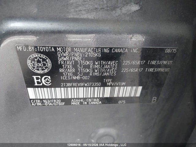 12606016 :رقم المزاد ، 2T3BFREV9FW373350 vin ، 2015 Toyota Rav4 Le مزاد بيع