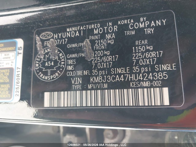 2017 Hyundai Tucson Luxury მანქანა იყიდება აუქციონზე, vin: KM8J3CA47HU424385, აუქციონის ნომერი: 12606021