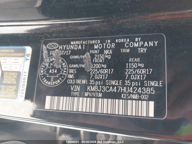2017 Hyundai Tucson Luxury მანქანა იყიდება აუქციონზე, vin: KM8J3CA47HU424385, აუქციონის ნომერი: 12606021
