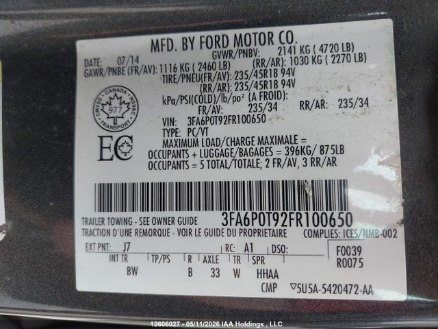 2015 Ford Fusion მანქანა იყიდება აუქციონზე, vin: 3FA6P0T92FR100650, აუქციონის ნომერი: 12606027