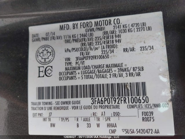 2015 Ford Fusion მანქანა იყიდება აუქციონზე, vin: 3FA6P0T92FR100650, აუქციონის ნომერი: 12606027