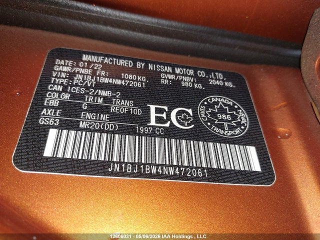 Aukcja sprzedaży 2022 Nissan Rogue Sport Sv, vin: JN1BJ1BW4NW472061, numer aukcji: 12606031
