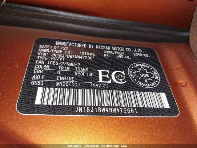 Aukcja sprzedaży 2022 Nissan Rogue Sport Sv, vin: JN1BJ1BW4NW472061, numer aukcji: 12606031