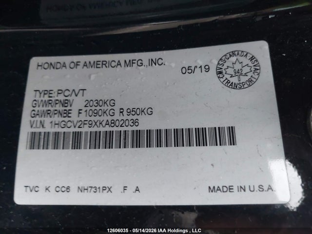 12606035 :رقم المزاد ، 1HGCV2F9XKA802036 vin ، 2019 Honda Accord Touring 2.0t مزاد بيع