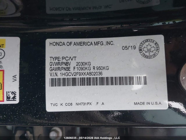 12606035 :رقم المزاد ، 1HGCV2F9XKA802036 vin ، 2019 Honda Accord Touring 2.0t مزاد بيع