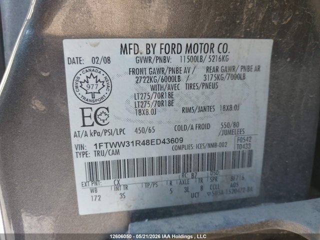 2008 Ford F-350 Xlt მანქანა იყიდება აუქციონზე, vin: 1FTWW31R48ED43609, აუქციონის ნომერი: 12606050