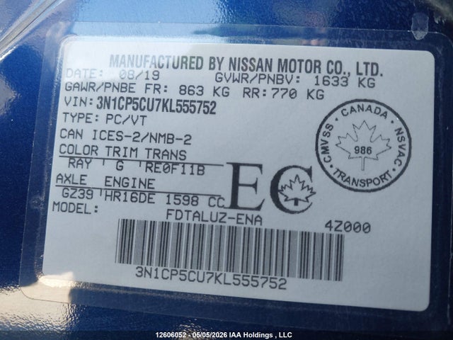 3N1CP5CU7KL555752 Nissan Kicks S/sr/sv