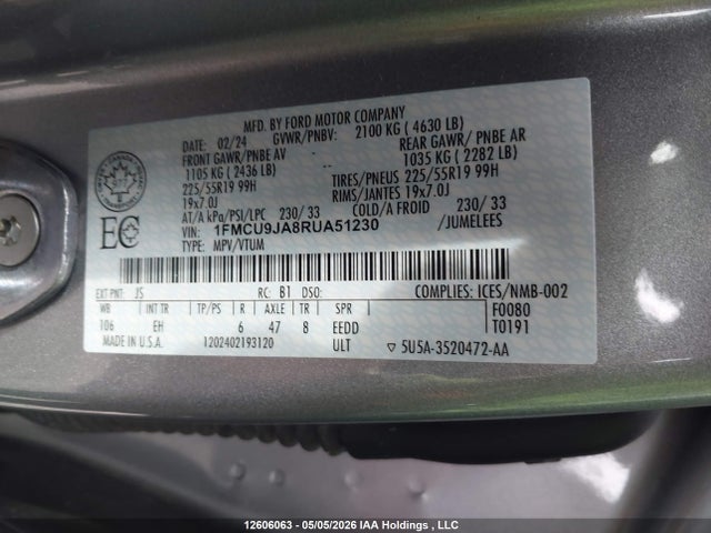 Продажа на аукционе авто 2024 Ford Escape Platinum, vin: 1FMCU9JA8RUA51230, номер лота: 12606063