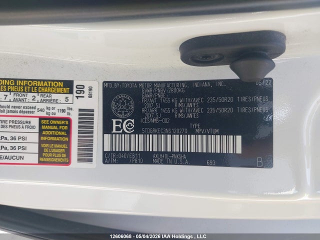 Продажа на аукционе авто 2022 Toyota Sienna Le/xle/xse/limited/platinum, vin: 5TDGRKEC3NS120270, номер лота: 12606068