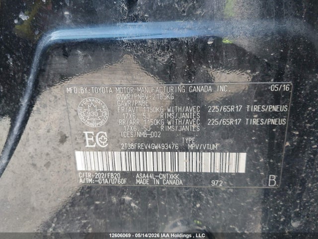 12606069 :رقم المزاد ، 2T3BFREV4GW493476 vin ، 2016 Toyota Rav4 Le مزاد بيع