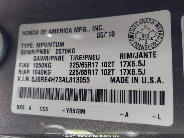 12606071 :رقم المزاد ، 5J6RE4H73AL813053 vin ، 2010 Honda Cr-v Exl مزاد بيع