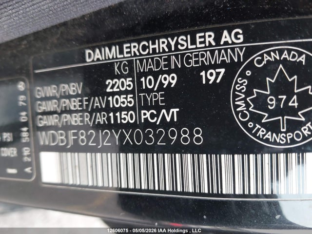 Aukcja sprzedaży 2000 Mercedes-benz E 320 4matic, vin: WDBJF82J2YX032988, numer aukcji: 12606075