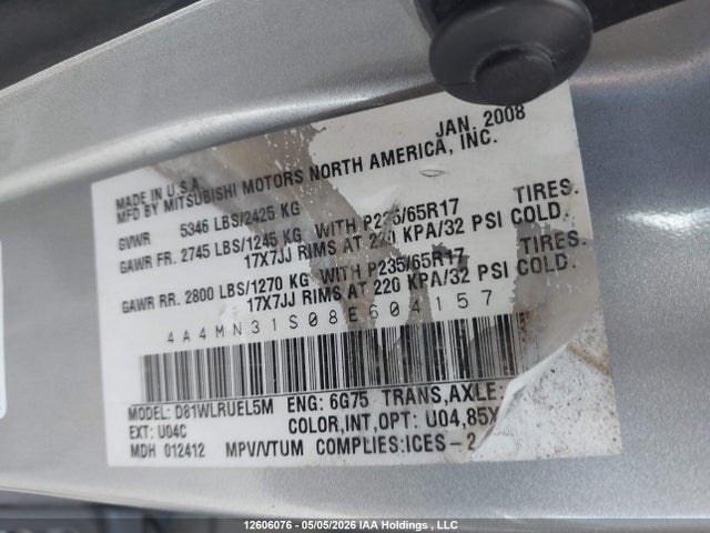 2008 Mitsubishi Endeavor Se მანქანა იყიდება აუქციონზე, vin: 4A4MN31S08E604157, აუქციონის ნომერი: 12606076