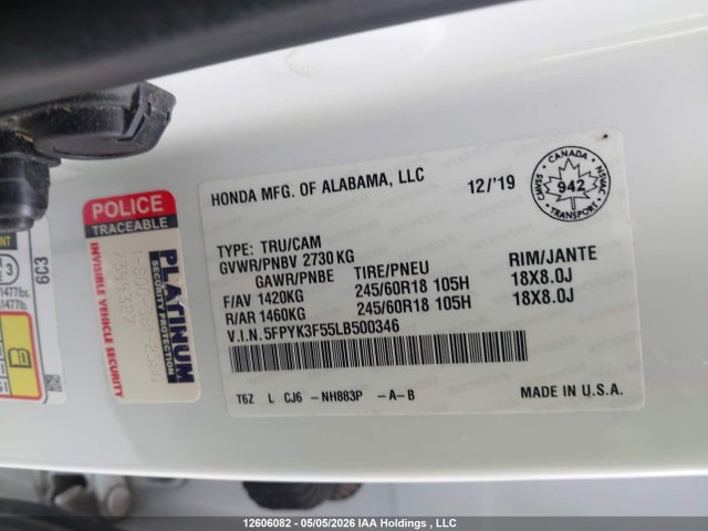 12606082 :رقم المزاد ، 5FPYK3F55LB500346 vin ، 2020 Honda Ridgeline Ex-l مزاد بيع