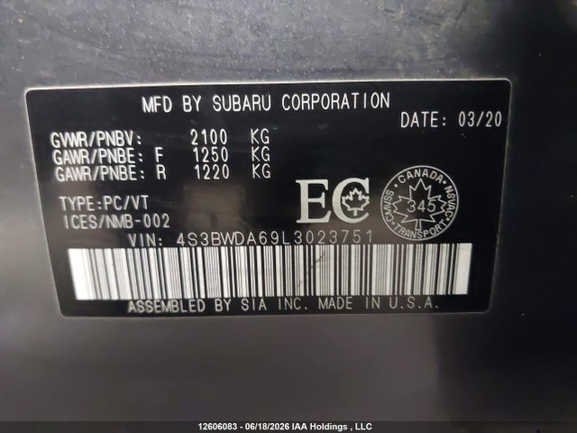 Auction sale of the 2020 Subaru Legacy Convenience, vin: 4S3BWDA69L3023751, lot number: 12606083