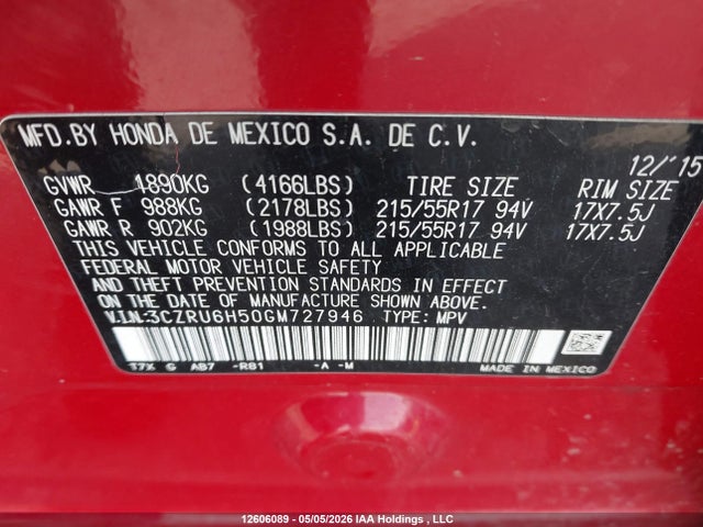 3CZRU6H50GM727946 Honda HR-V EX