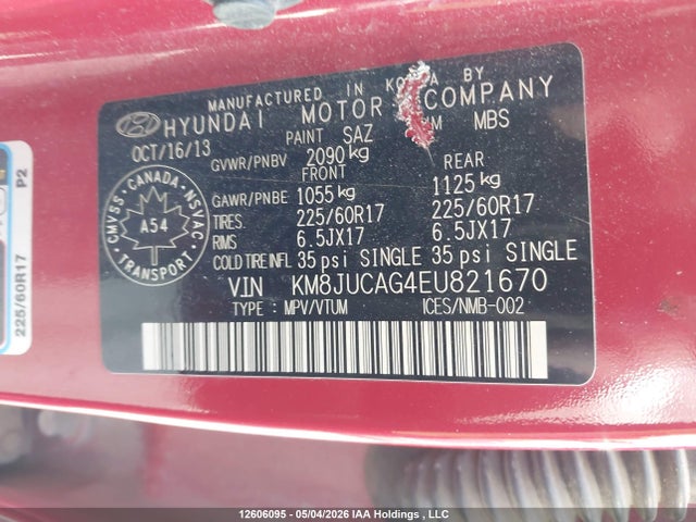 Продаж на аукціоні авто 2014 Hyundai Tucson Gls/limited/se, vin: KM8JUCAG4EU821670, номер лоту: 12606095