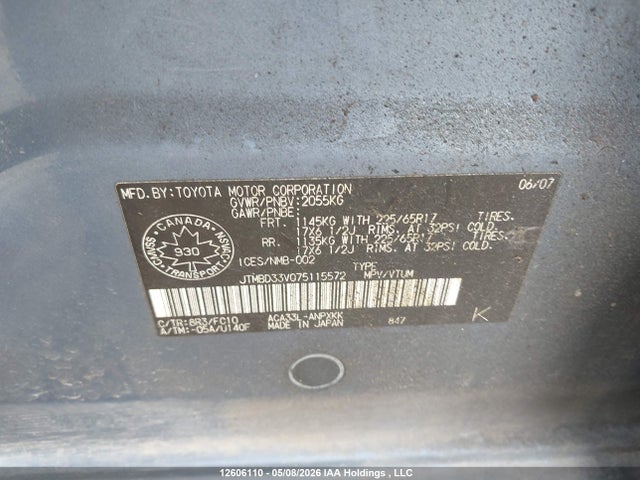 12606110 :رقم المزاد ، JTMBD33V075115572 vin ، 2007 Toyota Rav4 مزاد بيع
