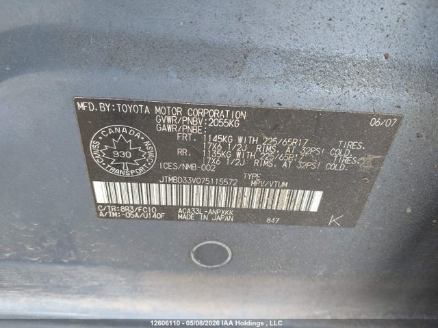 12606110 :رقم المزاد ، JTMBD33V075115572 vin ، 2007 Toyota Rav4 مزاد بيع