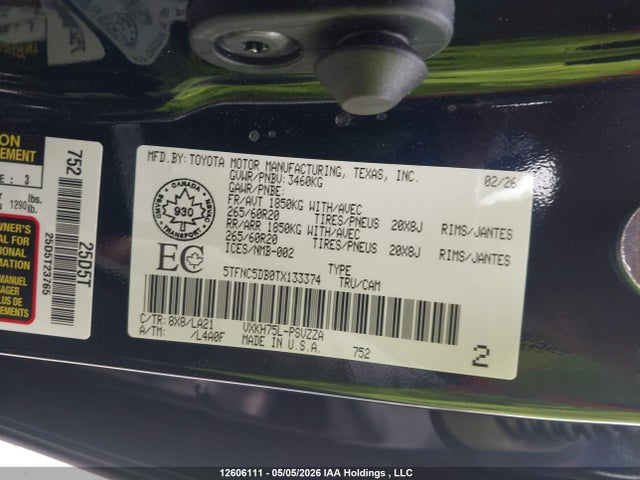 12606111 :رقم المزاد ، 5TFNC5DB0TX133374 vin ، 2026 Toyota Tundra Crewmax Platinum/crewmax 1794 مزاد بيع