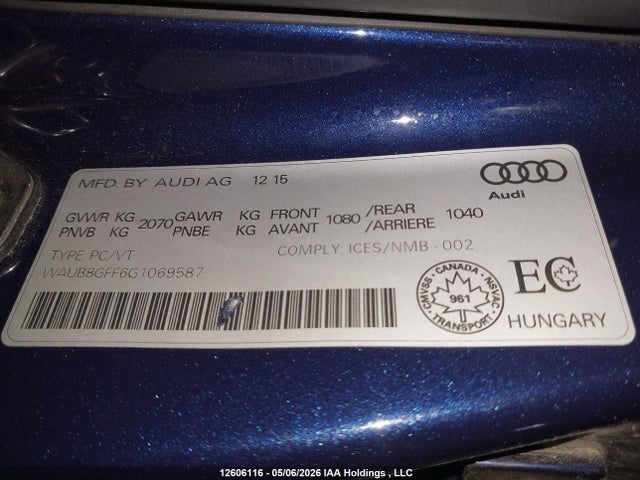 Продажа на аукционе авто 2016 Audi A3, vin: WAUB8GFF6G1069587, номер лота: 12606116