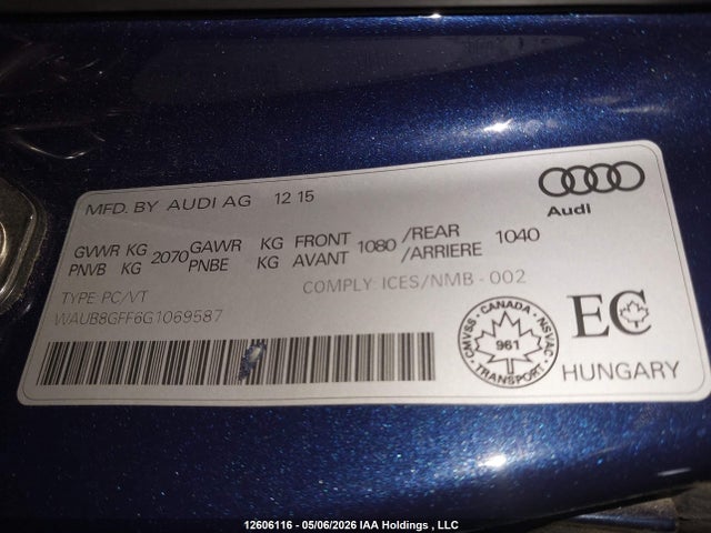 Продажа на аукционе авто 2016 Audi A3, vin: WAUB8GFF6G1069587, номер лота: 12606116