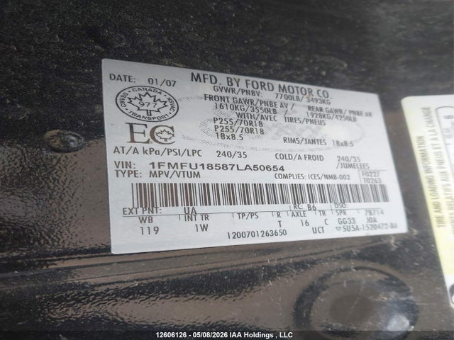 Продаж на аукціоні авто 2007 Ford Expedition Eddie Bauer, vin: 1FMFU18587LA50654, номер лоту: 12606126